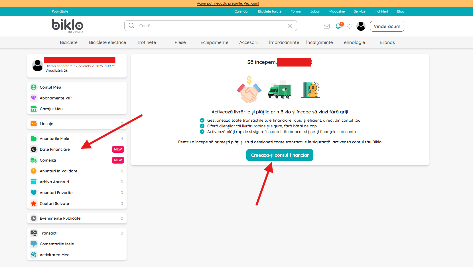 Pagina Dati finanziari nel tuo account Biklo