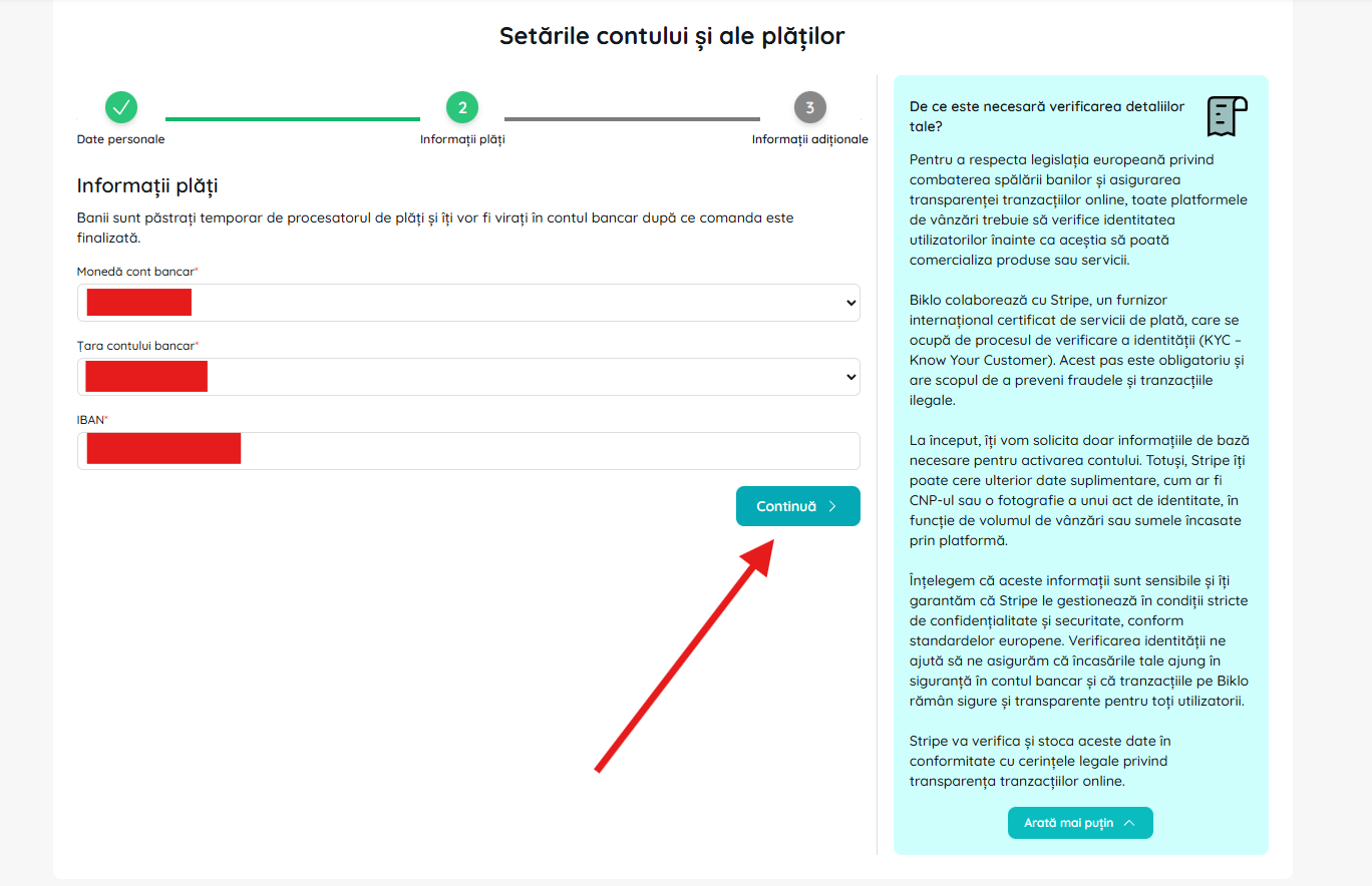 Modulo dei dati bancari nel processo di creazione del conto finanziario Biklo