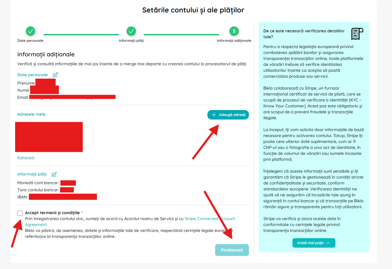 Inserimento di informazioni e accordi aggiuntivi nel processo di creazione dell'account finanziario Biklo