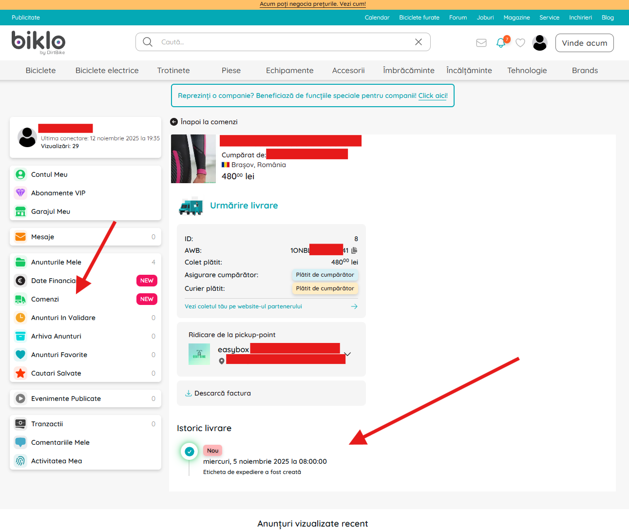 Pagina di tracciamento della consegna dell'ordine Biklo