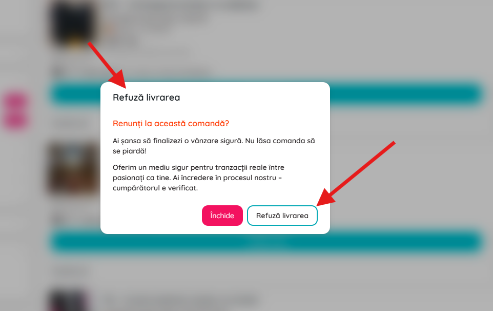 Finestra di conferma per rifiutare un ordine su Biklo