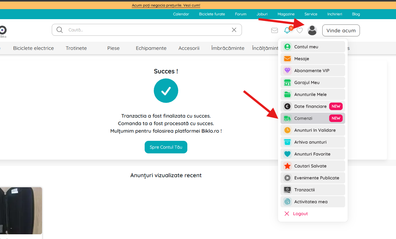 Sezione I miei ordini nel tuo account Biklo