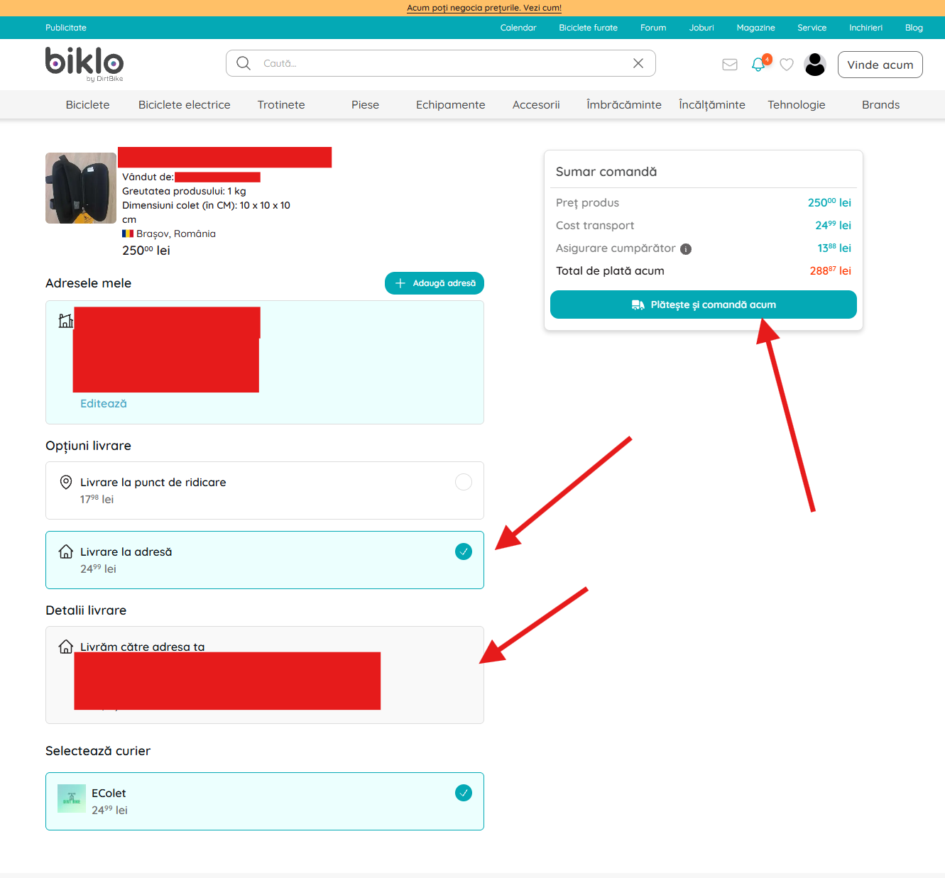 Selezione del metodo di consegna Biklo
